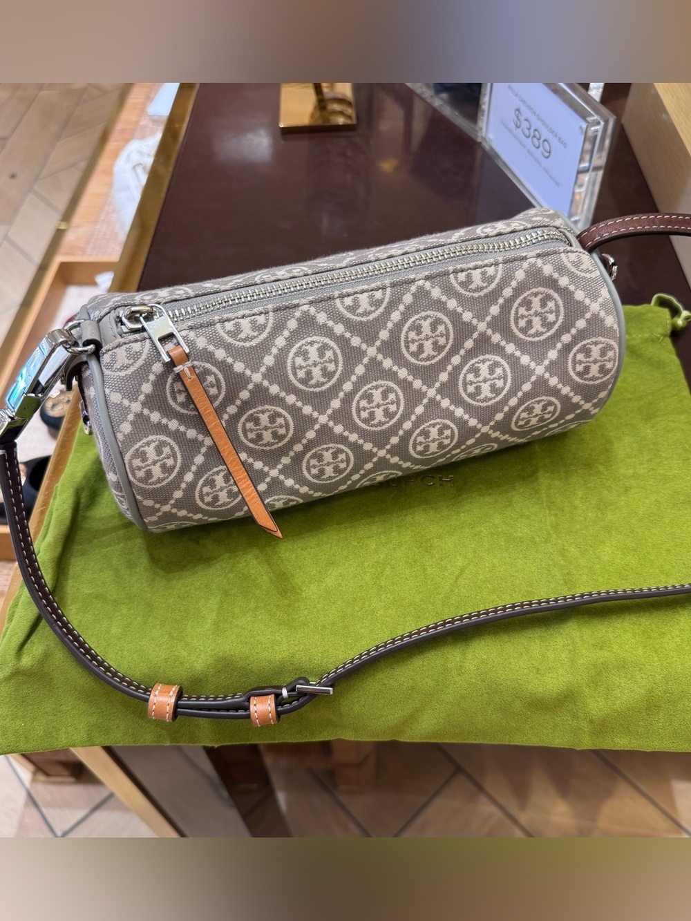NWT Tory Burch T Monogram Cylinder Shoulder Crossbody Bag Gray Jacquard 178212